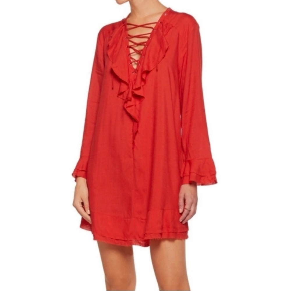 IRO Florine Poppy Red Lace Up Ruffled Shift Mini Dress Raw Hem Long Bell Sleeves